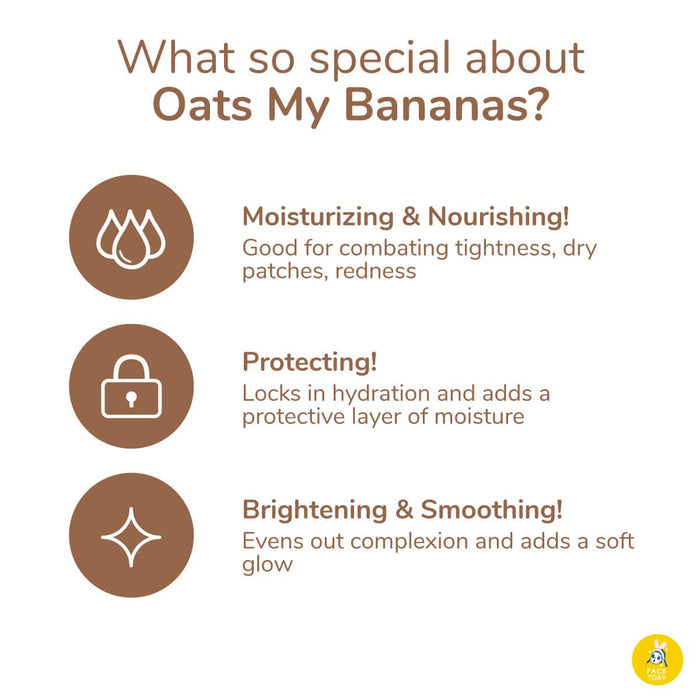 Infographic titled What’s So Special About FaceTorys Oats My Bananas Sheet CALMING Mask? highlights three benefits: Moisturizing & Nourishing for dryness and redness, Protecting with oat-infused hydration, and Brightening & Smoothing for an even complexion. Logo at bottom.