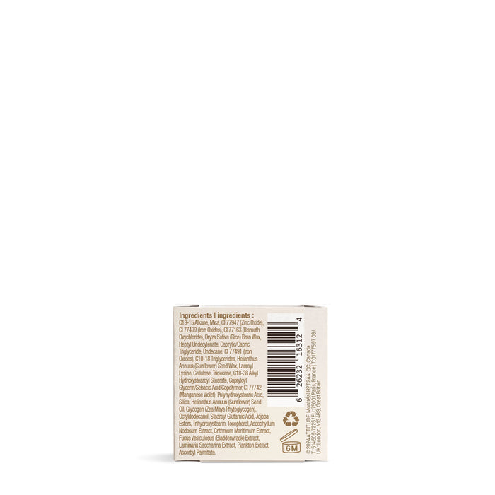 ATTITUDE Oceanly Eyeshadow comes in a small beige box with a barcode and a detailed list of natural vegan ingredients printed in brown text on the back, displayed against a plain white background.