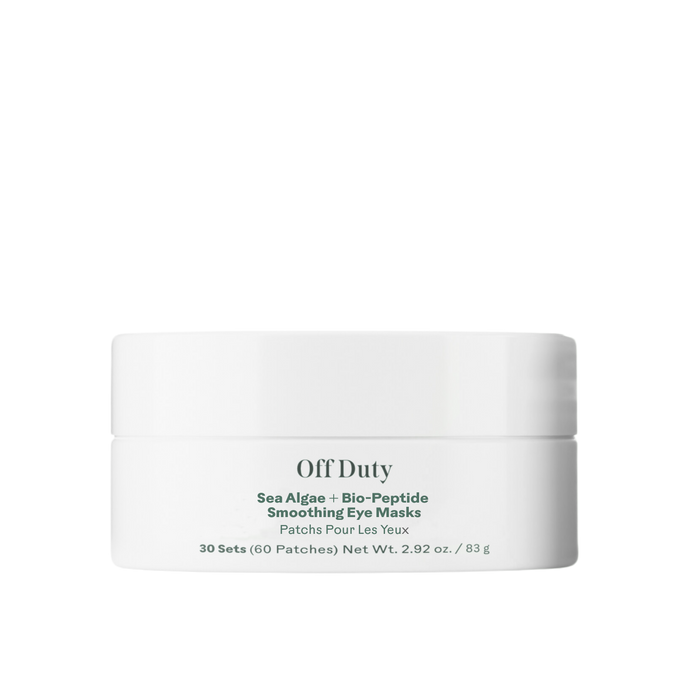 A white jar of Three Ships OffDuty™ Sea Algae + Bio-Peptide Smoothing Eye Masks holds 30 sets (60 patches) for under-eye hydration, with English and French text on the container, shown against a plain white background.