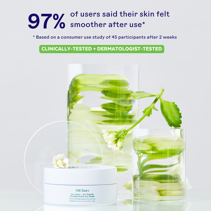 A white jar labeled Off Duty Sea Algae + Bio-Peptide Smoothing Eye Masks by Three Ships sits beside glass vases with greenery. Above, text promotes user satisfaction and clinical tests of the vegan Bio-Peptides formula.
