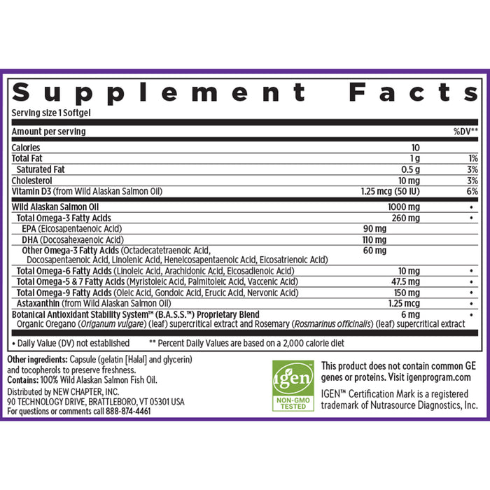 The supplement facts label for New Chapter Omega-3 Complex softgel lists per serving the amounts of calories, fat, cholesterol, vitamin D3, Alaskan salmon oil, heart-healthy omega-3s (EPA & DHA), omega-6s, and other nutrients.