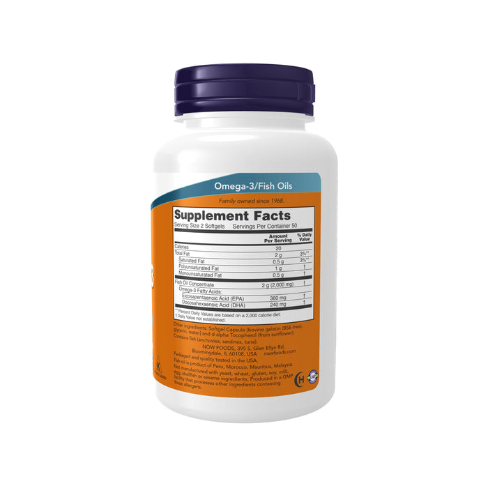 A white bottle with a dark blue cap, labeled OMEGA-3 Fish Oil 1000mg - For Cardiovascular Support, from NOW Foods, displays supplement facts and ingredients on an orange label. It includes serving size, calories, fat, and nutrition info. The brand claims Family owned since 1968.