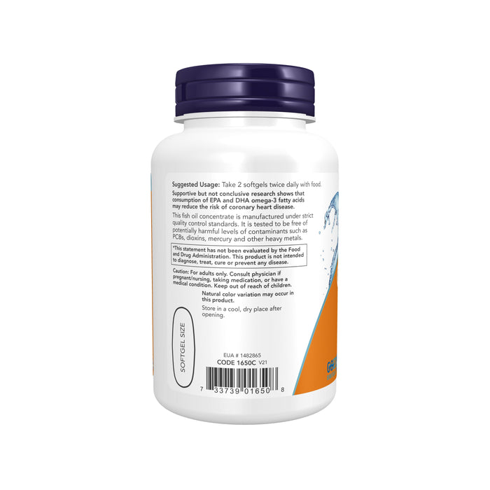 The NOW Foods OMEGA-3 Fish Oil 1000mg bottle features a white label with usage instructions, ingredients list, and SOFTGEL SIZE prominently displayed. It has a white cap and a side barcode, providing cardiovascular support.