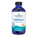 A blue bottle of Nordic Naturals Omega-3 fish oil, featuring a white label and lemon slice graphic, offers 1560 mg of omega-3s per serving for brain, heart, and immune support in an 8 fl oz (237 mL) size.