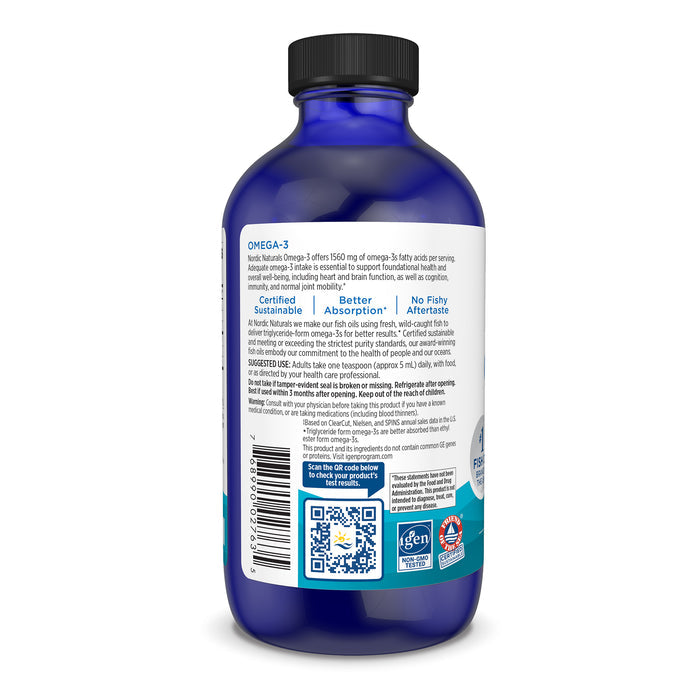 A blue bottle of Nordic Naturals Omega-3 highlights purity, absorption, no aftertaste, and heart support on its label detailing ingredients and benefits. A QR code and certification logos are visible at the bottom.