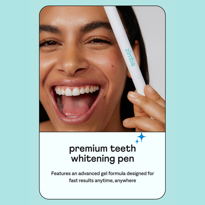 A smiling person holds a white Zimba On-the-Go Kit near their face. Text below reads: Premium teeth whitening—advanced gel formula for fast results anytime, anywhere.