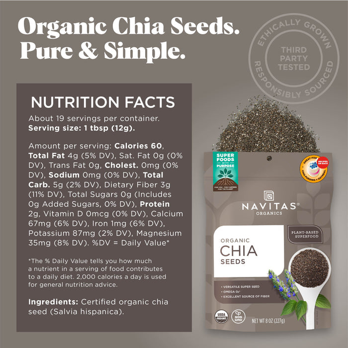 A package of Navitas Organics Chia Seeds is displayed with nutrition facts and ingredients. The label highlights the product as ethically grown and responsibly sourced. The chia seeds are described as organic and pure.