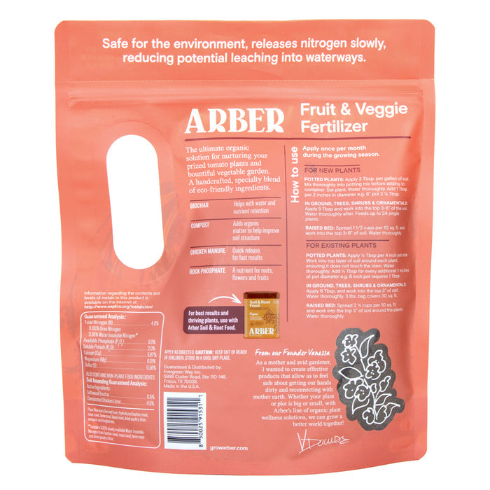 The back of the Arber Organic Fruit & Veggie Fertilizer features an orange package detailing its organic ingredients, application instructions, soil health benefits, and nutritional info. Illustrated flowers decorate the bottom right corner.
