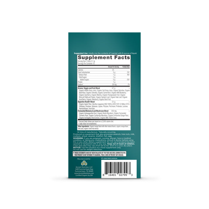 The green box of Organic Super Greens Powder by Ancient Nutrition features white text with supplement facts, usage instructions, ingredients like fermented mushrooms, and manufacturer info. The white section lists nutrition per serving, while the bottom has warnings and contact details.