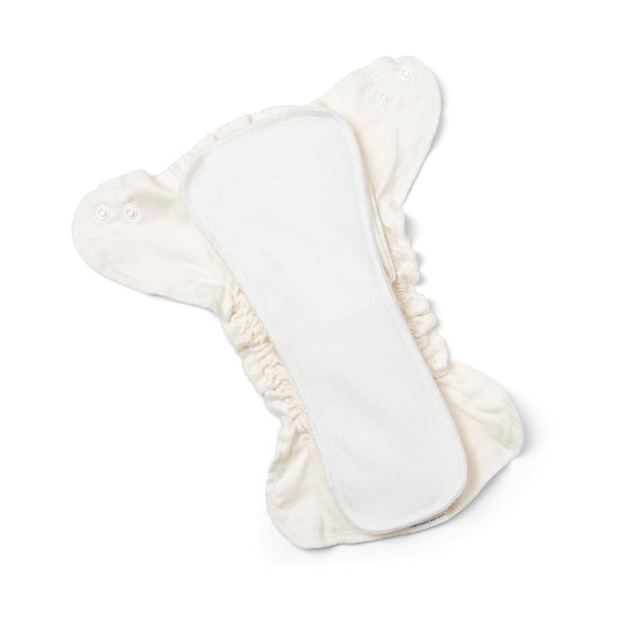 The Esembly Baby Overnighter Cloth Diaper Booster is made of ultra-absorbent certified unbleached organic cotton and features elastic edges with adjustable snap buttons for closure, ensuring comfort throughout nighttime use on a flat white background.