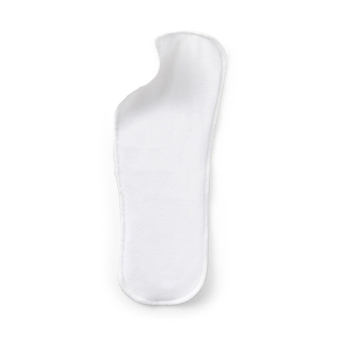 The Esembly Baby Overnighter Cloth Diaper Boosters, made of ultra-absorbent, certified unbleached organic cotton, feature a contoured design with stitched edges. Perfect for nighttime use, their slightly curved shape ensures comfort and protection against a pristine white background.