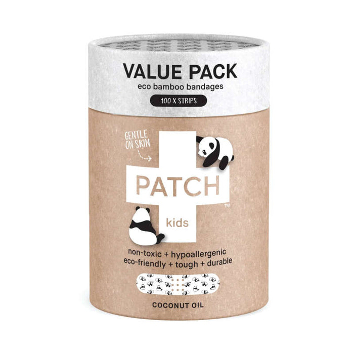 The PATCH Panda Bandages - Value Pack features a cylindrical package with eco-friendly bamboo bandages and panda illustrations. These 100 strips are non-toxic, hypoallergenic, infused with coconut oil, and perfect for kids sensitive skin.
