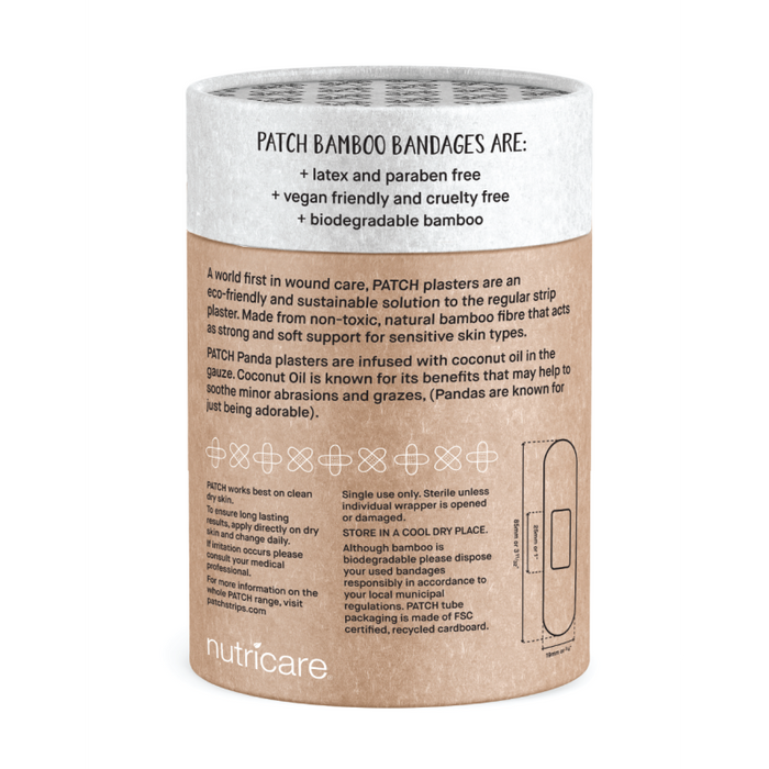 The Panda Bandages - Value Pack from PATCH comes in a cylindrical package emphasizing its eco-friendly appeal. It is latex and paraben-free, vegan, cruelty-free, biodegradable, featuring text details and drawings on a brown package with a white top.