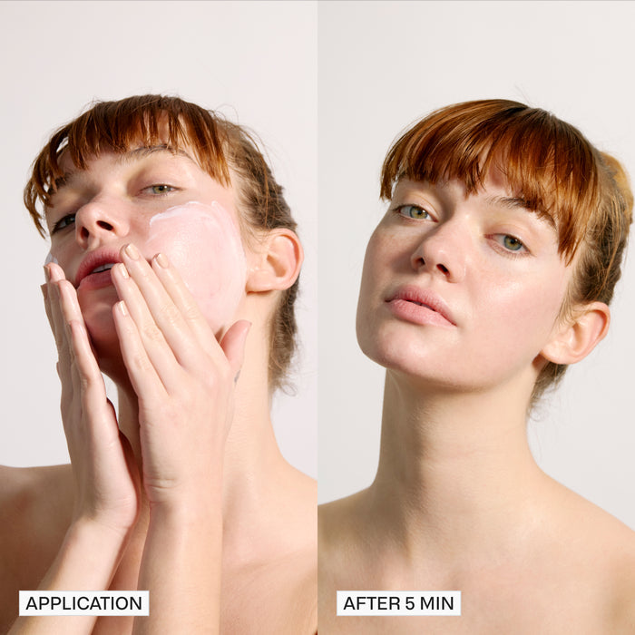 Left: Person applying Peak Performance SPF50 Sunscreen by Freaks of Nature, enriched with microbiome-friendly ingredients. Right: Same person with a clean face showing a subtle glow. Text below reads APPLICATION and AFTER 5 MIN.