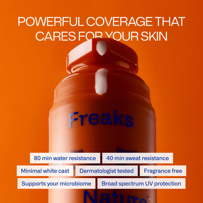 Close-up of Peak Performance SPF50 Sunscreen by Freaks of Nature, an orange bottle with a pump. Features: SPF 50, 80 min water resistance, 40 min sweat resistance, minimal white cast, dermatologist tested, fragrance-free with microbiome support and non-nano zinc for superior UV protection.