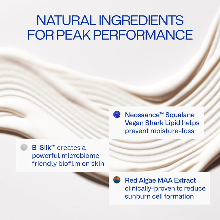 In the background, a wavy, cream-colored texture complements the text: Natural Ingredients for Peak Performance. Features include B-Silk™ for skin biofilm, Neossance™ Squalane to prevent moisture loss, Red Algae MAA Extract with SPF 50 against sunburn cell damage. Freaks of Natures Peak Performance SPF50 Sunscreen.