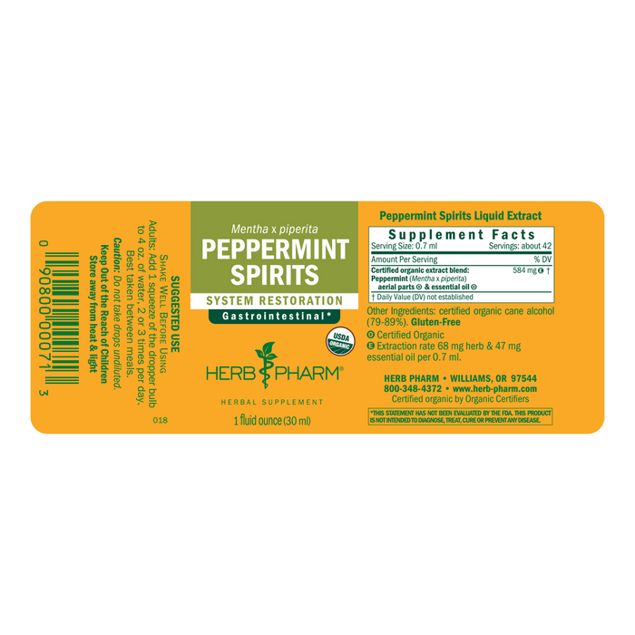 Orange and green label for Herb Pharm Peppermint Spirits, showing supplement facts, suggested use, and product info for a 1 fl oz (30 ml) bottle. Certified Organic Peppermint supports GI health; USDA Organic and Kosher logos included.