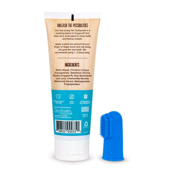 Oxyfresh Pet Dental Gel + Fingerbrush Kit stands upright on a white background, featuring their plaque-removing gel and a blue silicone finger toothbrush for effective pet dental care.