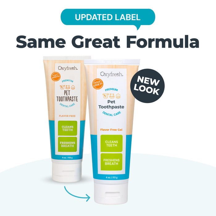 Two tubes of Oxyfresh Pet Dental Gel + Fingerbrush Kit are shown with updated labels. Text reads “Same Great Formula, NEW LOOK.” This pet dental gel is flavor-free and trusted for promoting clean teeth and fresh breath.
