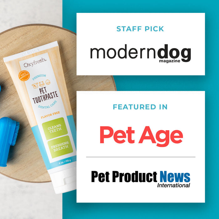 A tube of Oxyfresh Pet Dental Gel + Fingerbrush Kit, known for superior pet dental care and plaque removal, rests on a light blue surface with a blue toothbrush. Featured in Modern Dog Magazine, Pet Age, and Pet Product News International.