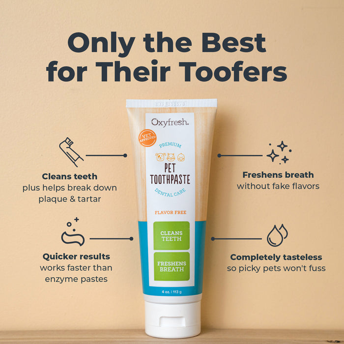 An Oxyfresh Pet Dental Gel + Fingerbrush Kit stands upright on a wood surface against a tan background, with text highlighting its benefits: removes plaque, freshens breath, delivers quick results, and offers tasteless dental care for pets.