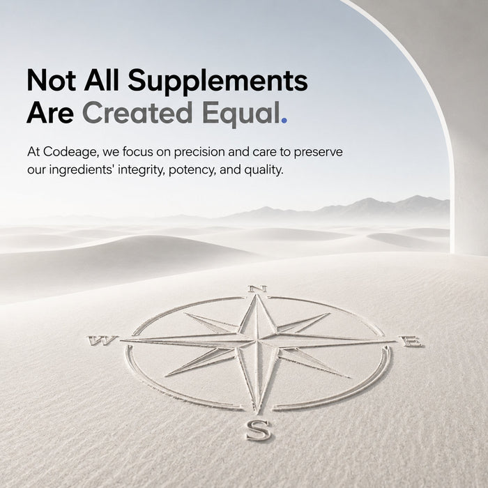 A compass rose is drawn in sand with a modern archway and dunes in the background. Text reads: Not All Supplements Are Created Equal. Discover the difference with Polyphenols Broad Spectrum + Capsules by Codeage—crafted for those who demand quality and purity from their plant-based polyphenol supplements. Additional company info is below.