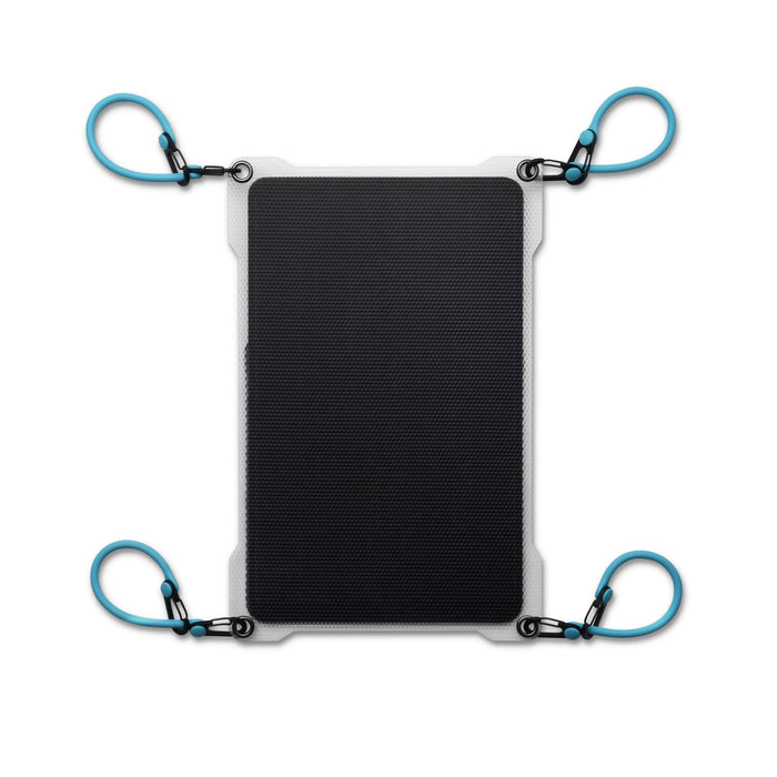 A rectangular black Paleblue Portable Solar Charger (7 Watts Max Output) with a gray border and four blue carabiners at each corner displays its high-efficiency solar cells, set against a white background.