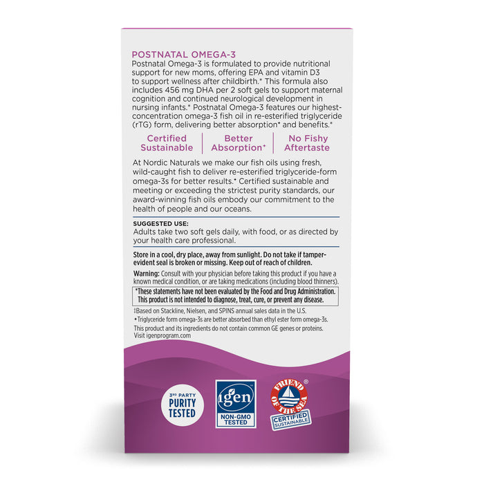 The Postnatal Omega-3 by Nordic Naturals box highlights vitamin D3 benefits, purity, sustainable sourcing, no fishy aftertaste, certification logos, suggested use instructions, and features rich omega-3 EPA+DHA content for postnatal wellness.