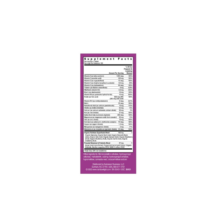 The Prenatal One by Rainbow Light (120 ct) has a Supplement Facts label listing vitamins, minerals, amounts per serving, % Daily Values, serving size, and manufacturer info on a purple background—perfect for prenatal multivitamins or motherhood support.