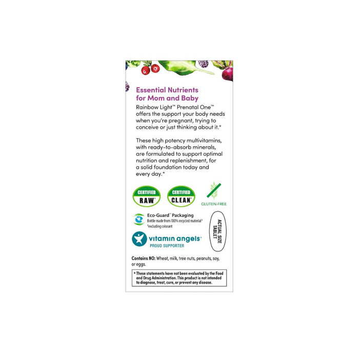 Rainbow Light Prenatal One, 60 ct, is a prenatal multivitamin with key vitamins and minerals for pregnancy support. Certified clean, gluten-free, uses eco-friendly packaging, and supports Vitamin Angels.