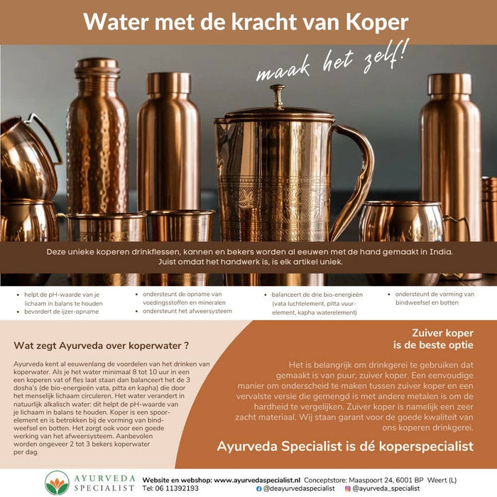 Pure copper water bottle, smoothly polished, approx. 750 ml (heavy - Só Verde