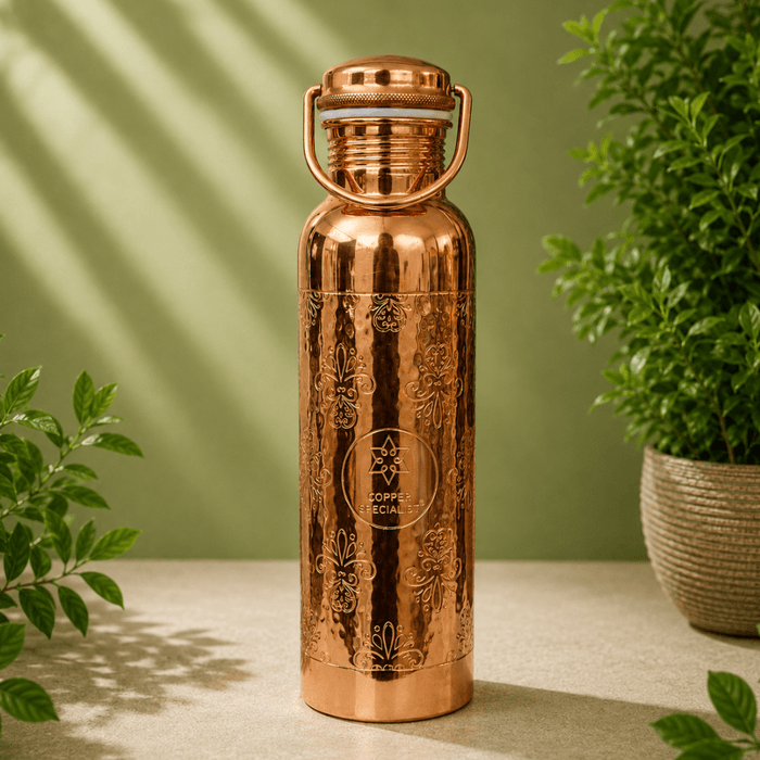 Pure copper water bottle with handle – engraved - Só Verde