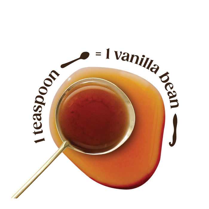 A spoonful of Heilala Pure Vanilla Extracount rests on a spill, with text curving around it: “1 teaspoon = 1 vanilla bean”.