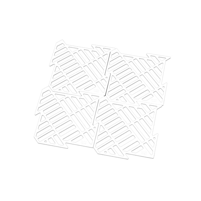 The HAPPY SiNKS Puzzle Sink Mat consists of four white, interlocking pieces made from food-grade silicone. Designed with diagonal lines, they form a customizable square mat on a plain white background to help keep your kitchen tidy while serving as a sink protector.