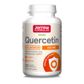 A white bottle of Jarrow Quercetin 500mg Veggie Capsules, non-GMO, gluten free, vegan, 200 capsules, highlighted for antioxidant and immune support and cardiovascular health.