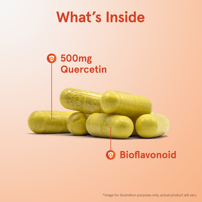 Six yellow Quercetin 500mg, Veggie Capsules from Jarrow are stacked on a light surface with a gradient orange background. Labeled for immune support. Image is for illustration purposes only.