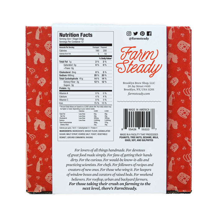The image displays the back of a FarmSteady Rainbow Bagel Making Kit package, featuring a red bear and tree pattern. Nutrition facts appear on the left, homemade bagel descriptions on the right, and contact information is placed at the top.