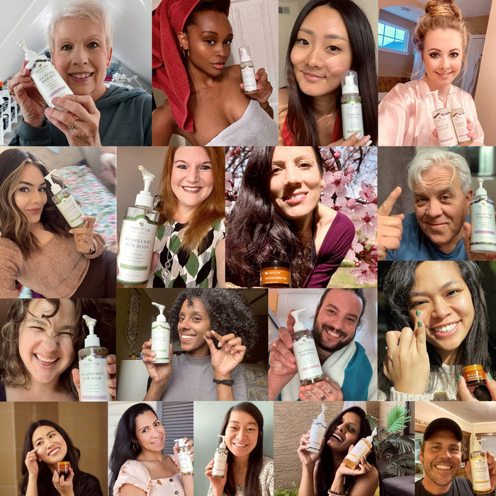 A diverse group of people smile and hold Tree To Tub’s Relaxing Lavender Travel Essentials Set in bottles and jars, displaying labels in various indoor and outdoor scenes. Most appear happy or relaxed.