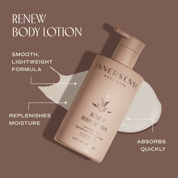 A bottle of Innersense Renew Body Lotion on a beige background. Text highlights its features: smooth, lightweight formula, replenishes moisture, and absorbs quickly. The bottle is tilted, and lotion is splashed in the background.