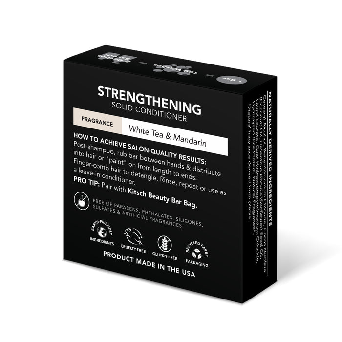 The Kitsch Rice Water Protein Conditioner Bar, labeled Strengthening, features a White Tea & Mandarin fragrance. It includes salon-quality instructions and a pro tip. Free from parabens, gluten, and animal testing, its made in the USA with rice water to enhance hair volume.