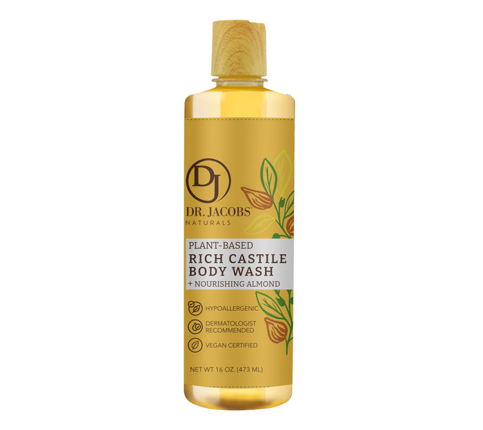 A 16 oz yellow bottle of Dr Jacobs Naturals Rich Castile Body Wash in Almond Honey, packed with nourishing almond. Its plant-based, hypoallergenic, dermatologist-recommended, and vegan certified.