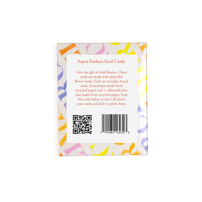 A box of Supra Endura Seed Cards features colorful floral borders and contains 8 plantable greeting cards with envelopes made from seed-embedded paper, along with a QR code for more planting information.