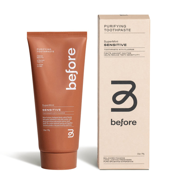 A brown tube and beige box of before Sensitive Purifying Toothpaste w/ Fluoride, Anti-Cavity are displayed, emphasizing its gentle formula for sensitive teeth with effective cavity protection.