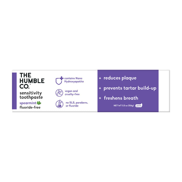 The Humble Co. Sensitivity toothpaste is fluoride-free, spearmint flavored, with nano-hydroxyapatite for sensitive teeth. Vegan, cruelty-free, SLS and paraben free. Helps reduce plaque, prevent tartar build-up & freshen breath.