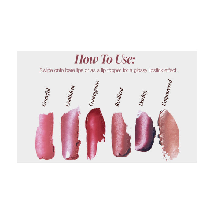 Mineral Fusion’s Sheer Moisture Lip Tint delivers hydrating color in six naturally derived shades—Graceful, Confident, Courageous, Resilient, Daring, and Empowered—from pink to bronze. See above for application instructions.