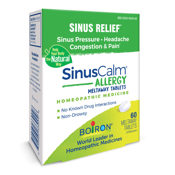 A 60-count box of Boiron SinusCalm Allergy Tablets in green and white offers non-drowsy, drug-interaction free sinus relief, targeting headaches, nasal congestion, and pain with unflavored meltaway tablets.