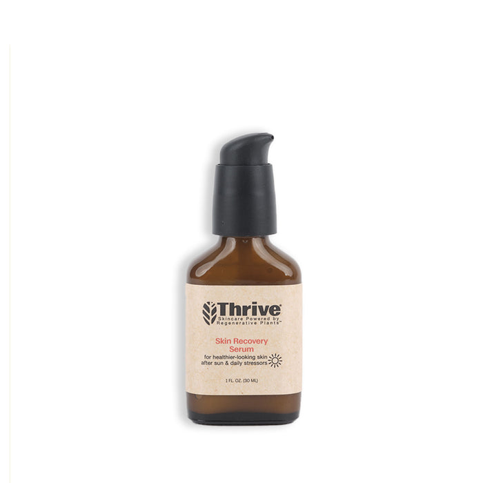 A bottle of Thrive Natural Care Skin Recovery Serum features a brown glass with a black pump and a beige label, showcasing its collagen renewal and antioxidant protection benefits to promote healthy skin after sun and stress exposure.