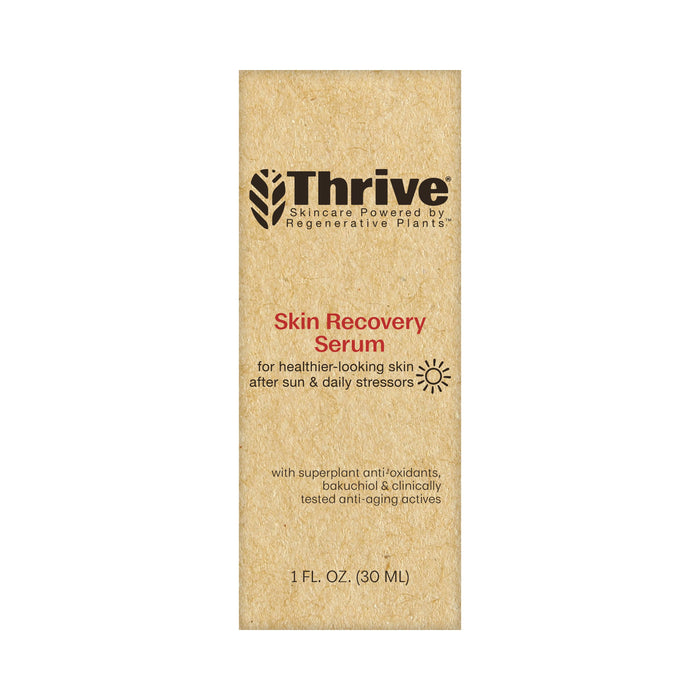 The Thrive Natural Care Skin Recovery Serum box emphasizes its benefits for healthier-looking skin post sun exposure and daily stress, highlighting its antioxidant protection, collagen renewal with superplant antioxidants, bakuchiol, and potent anti-aging actives in a 1 fl. oz. (30 ml) size.