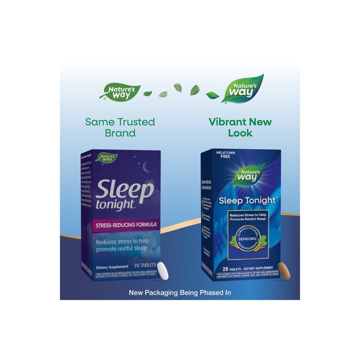 Two boxes of Natures Way Sleep Tonight™, Stress-Reducing Formula to Promote Restful Sleep, are side by side—one purple, one blue with “Vibrant New Look” above. Pills are shown above each box.