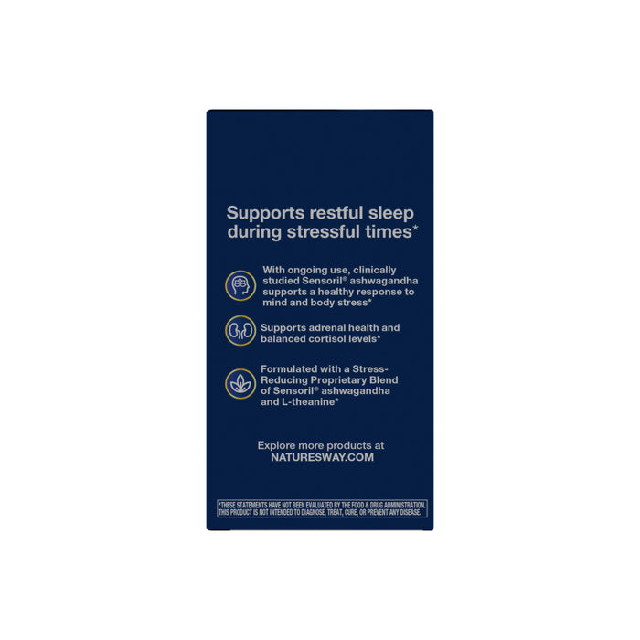 A dark blue package of Natures Way Sleep Tonight™, Stress-Reducing Formula to Promote Restful Sleep, highlights ashwagandha (Sensoril) for sleep and stress support, with icons, key ingredients, a web link, and disclaimer at the bottom.